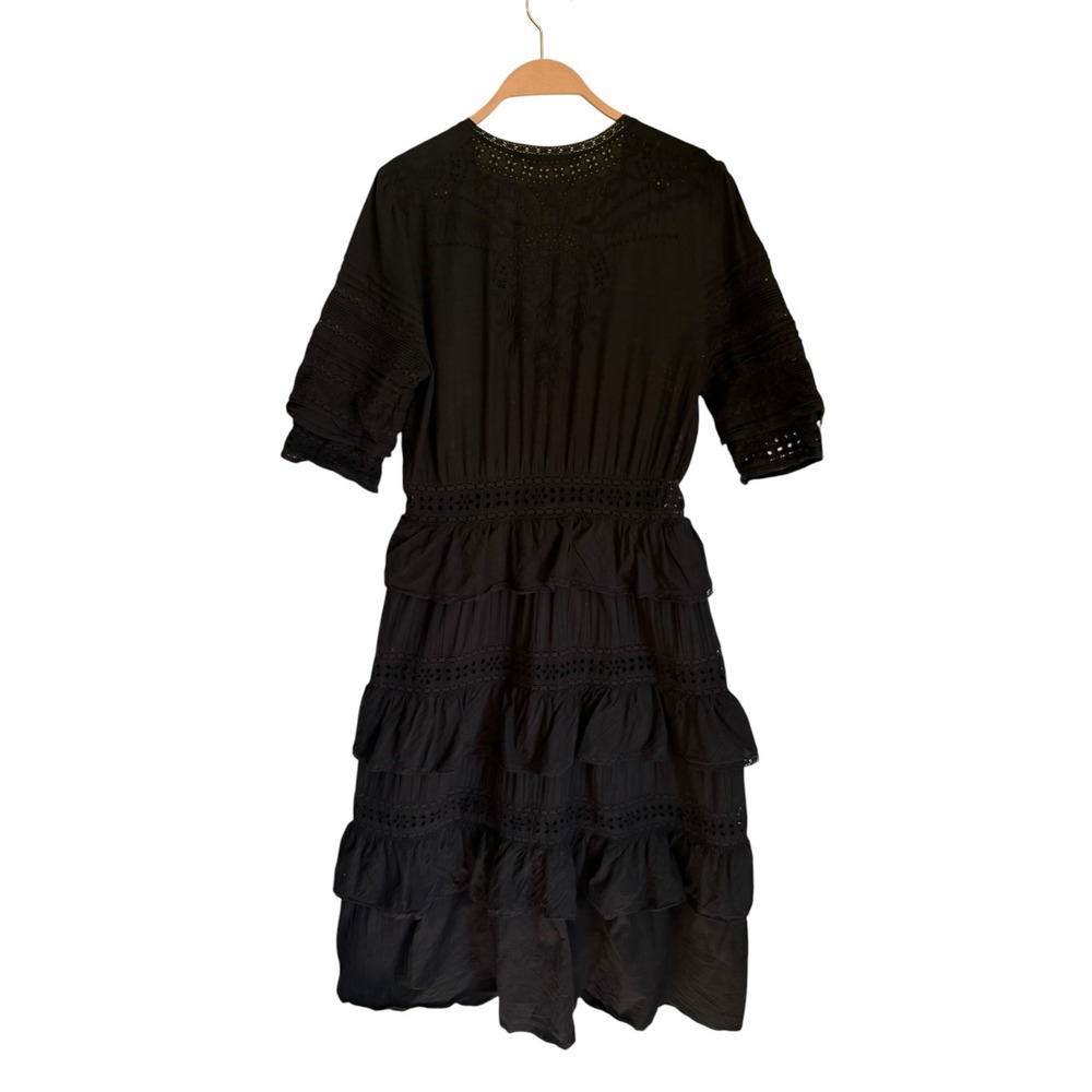 LoveShackFancy Edie Black Cotton Poplin Lace Button Front Midi Dress Tiered Sz M - Picture 4 of 7